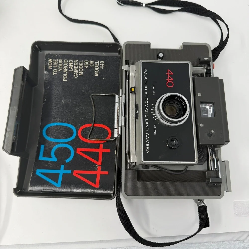 Polaroid 440 Automatic Land Camera with Case Flash and Cold Clip Vintage 1970s